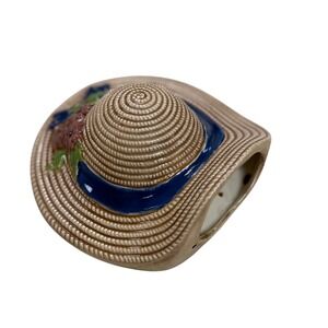 Ceramic Straw Hat Trinket Dish Blue Ribbon Flowers Decor